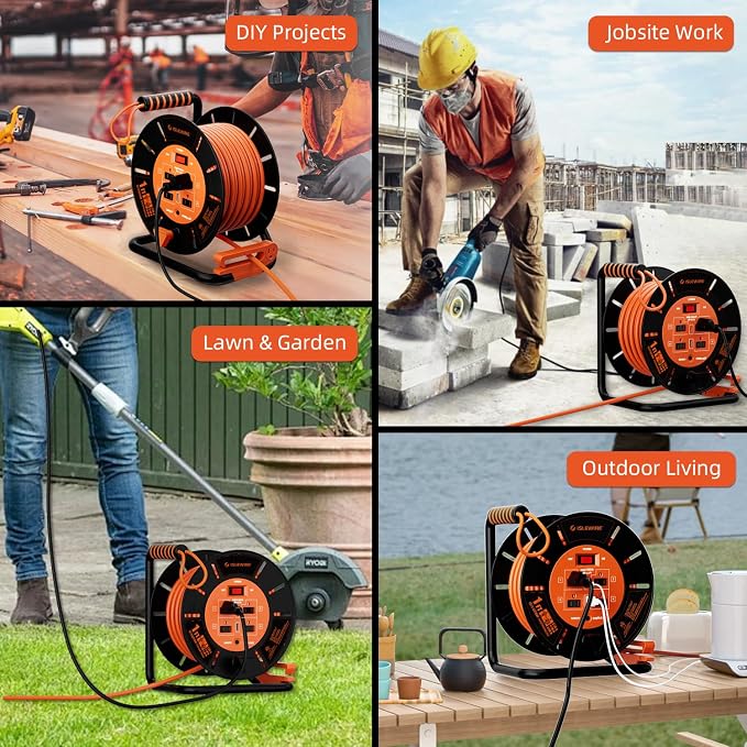 Extension Cord Storage Reel with 4-Grounded Outlets & 2 USB Ports, Heavy Duty Open Cord Reel for 12/3,14/3,16/3 Gauge Power Cord, Hand Wind Retractable, 15A Circuit Breaker, ETL Listed, Orange