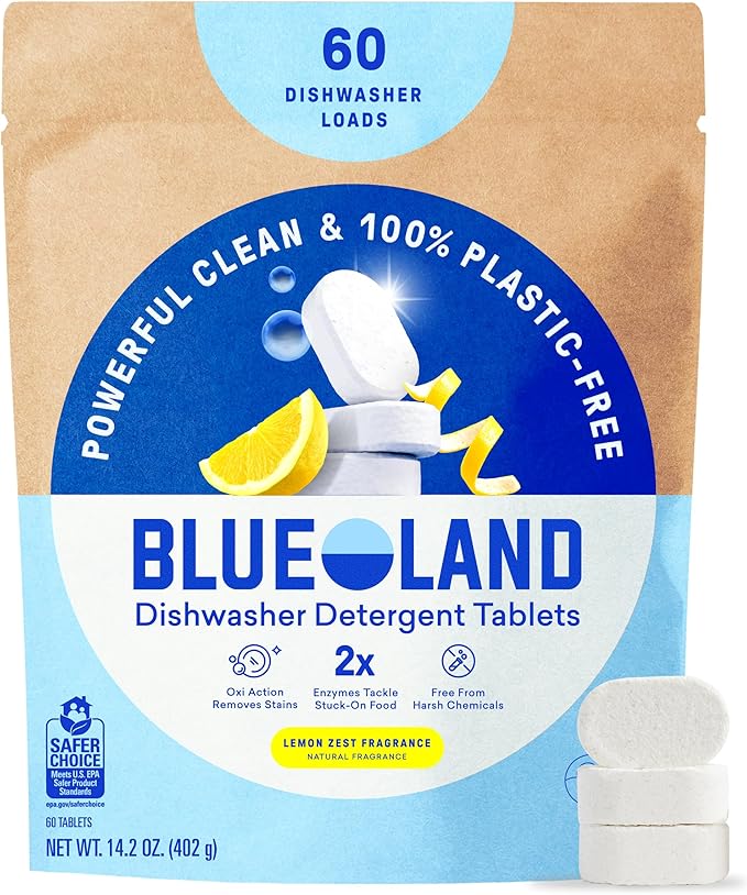 BLUELAND 100% Plastic-Free Dishwasher Detergent Tablets, 60 Count, Lemon Zest Scent, Eco Friendly Dishwashing Pods, Cuts Grease & Stuck on Food, Rinses Clean for Streak-Free Shine