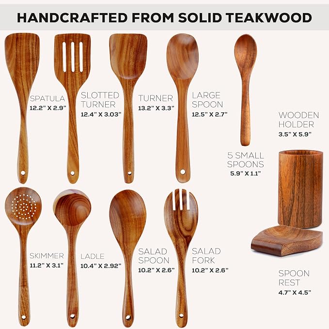 Zulay Kitchen 15-Piece Teak Wooden Utensils for Cooking - Natural Teak Utensil Set with Premium Gift Box - Non-Stick Wooden Spoons for Cooking - Kitchen Gift Set - Comfortable Grip Wooden Utensil Set