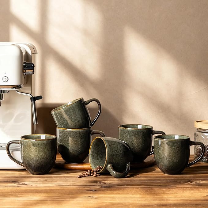 theterra Ceramic Coffee Mugs Set of 6, 12oz Handmade Coffee Cups with Handle for Latte, Tea, Milk, Beer, Hot Cocoa, Olive Green