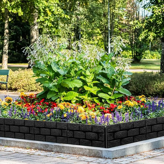 8 Pcs Black Imitation Stone Garden Fence, Faux Stone Retaining Wall Look Garden Bricks Border with Ground Stakes, 17.3 x 12.6 in Plastic Edging Blocks for Flower Beds, Lawn, Mulch