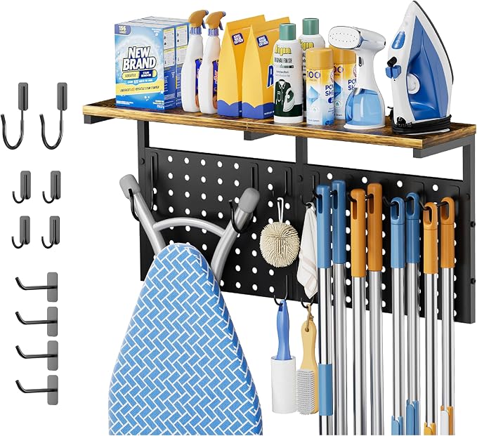 Ironing Board Hanger Wall Mount, Large Storage Iron and Ironing Board Holder, Laundry Room Storage Shelves with Ironing Board Broom Mop Holder, Laundry Accessories Organization and Storage Organizer