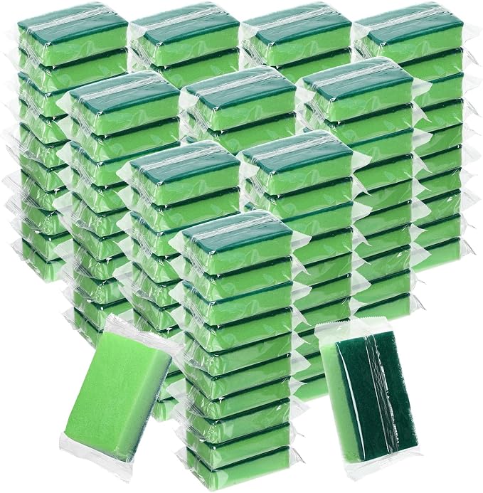 Tioncy 100 Pcs Individually Wrapped Sponges Bulk Kitchen Green Non Scratch Scrub Sponges Dual Sided Cleaning Scrubber for Household Washing Dishes, Pots, Pans, Sinks, Stoves, Appliances, Car, Bike