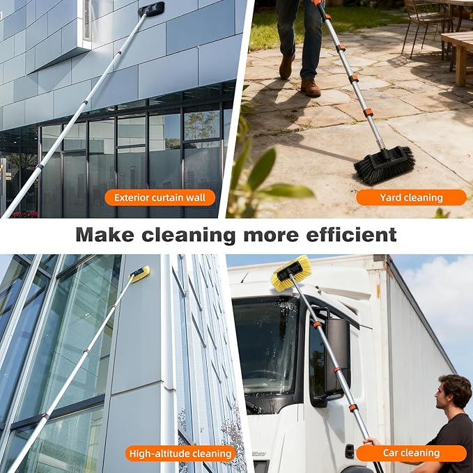 16FT Car Wash Brush with Long Handle, Car Cleaning Brush with 12" Soft Bristle and 12" Hard Bristle, 4-16Ft Telescopic Pole for Scratch-Free Cleaning Truck,RV, Boats,House Siding,Floors,Solar Panels