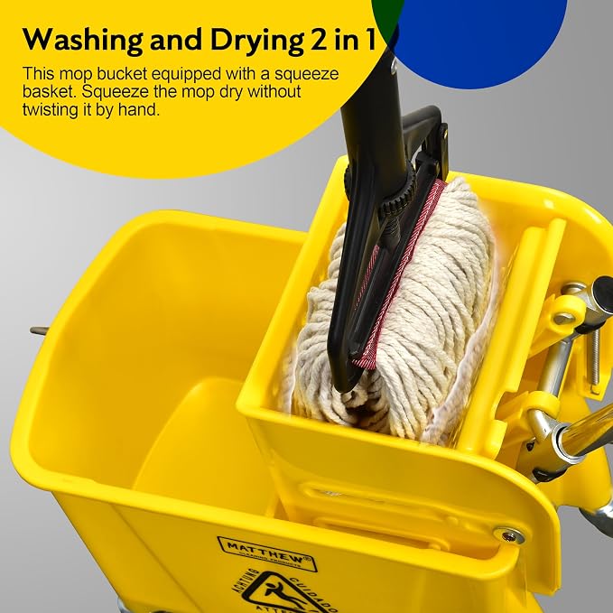 Matthew Cleaning 22 Quart Compact Mop Bucket INCL.2 Pack Mop Head with Side Press Wringer On Wheels,Tandem Portable Floor Cleaning Wavebrake,Ideal for Household,Industrial,Restaurant,Janitorial Use