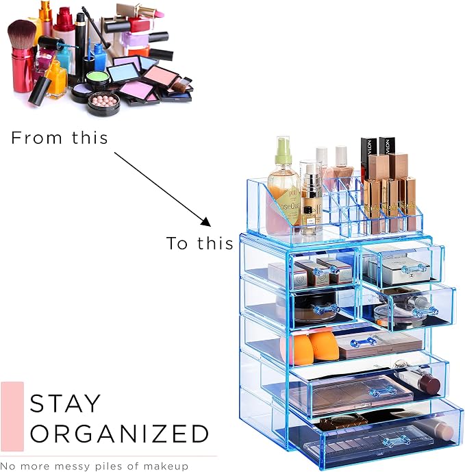 Sorbus Acrylic Makeup Organizer Set, 7-Drawer Vanity & Countertop Cosmetic Storage with Small & Wide Compartments, Blue Brilliance Makeup Storage for Brushes, Jewelry – Holiday Gift for Women & Teens