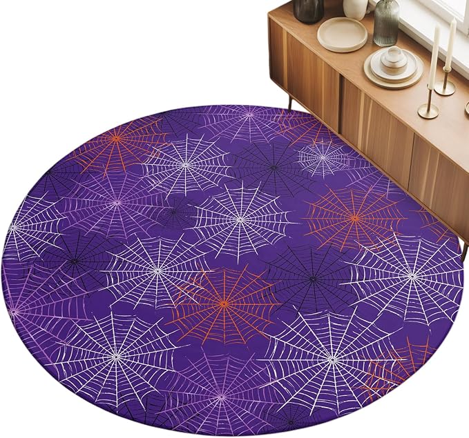 Round Area Rug 4', Purple Halloween Washable Area Rugs for Kitchen Bathroom Bedroom Office Dining Room, Red Black White Net Halloween Non Slip Door Mat Indoor Entrance Floor Throw Circle Carpet