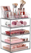 Vtopmart 5 Tier Clear Makeup Organizer with Drawer, Cosmetic Storage for Dresser Countertop and Bathroom Vanity, Beauty Holder for Lipstick Brush Skincare