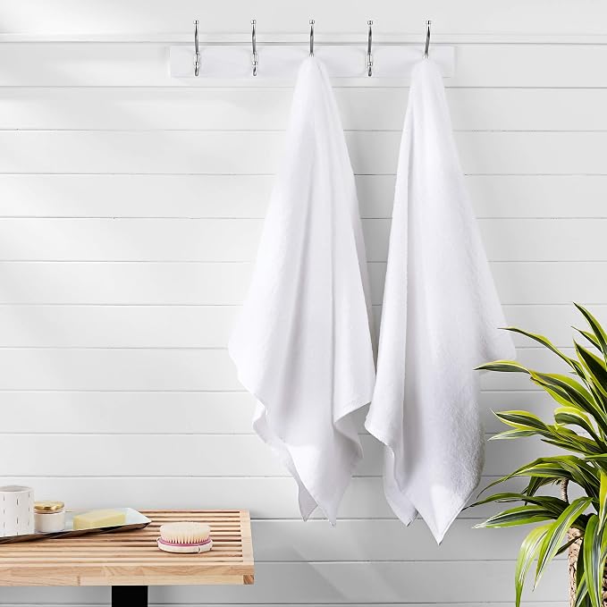 Amazon Basics 2-Piece Quick-Dry Oversize Bath Towel, 100% Cotton, 62" x 30", White