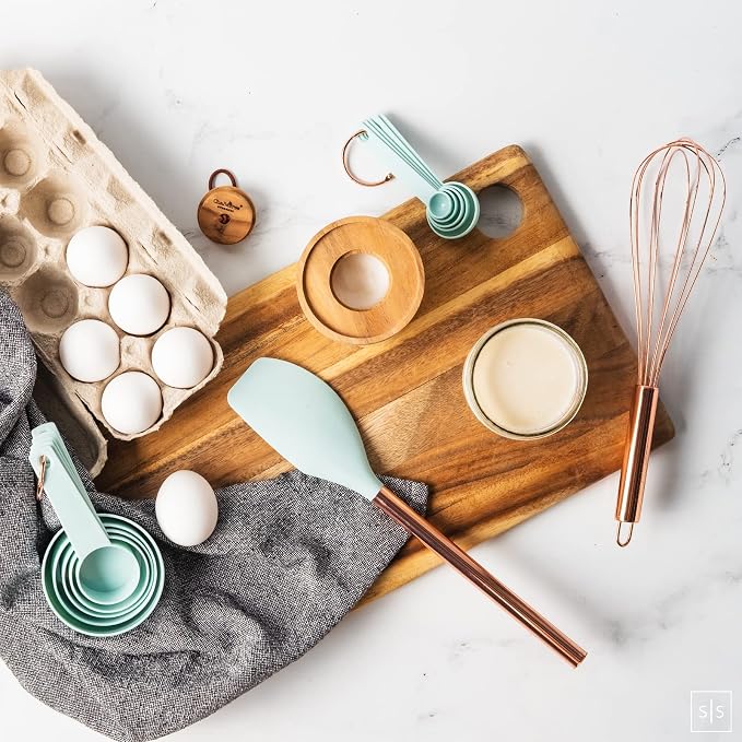 Copper and Teal Blue Kitchen Utensils - 17-Piece Set Includes Copper Utensil Holder, Measuring Cups and Spoons, and Silicone Cooking Tools - Stylish Teal Kitchen Decor and Unique Gifts for Home Cooks