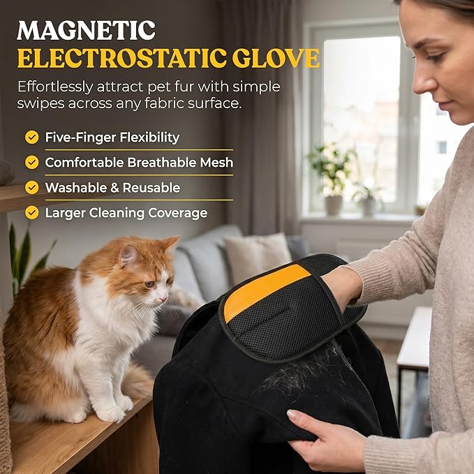A&O Pet Hair Remover Set for Cats & Dogs – Grooming Gloves & Reusable Lint Roller Combo – Dog Cat Fur Remover for Furniture, Couch, Carpet, Clothes & Car Seats – Washable Electrostatic Deshedding Tool