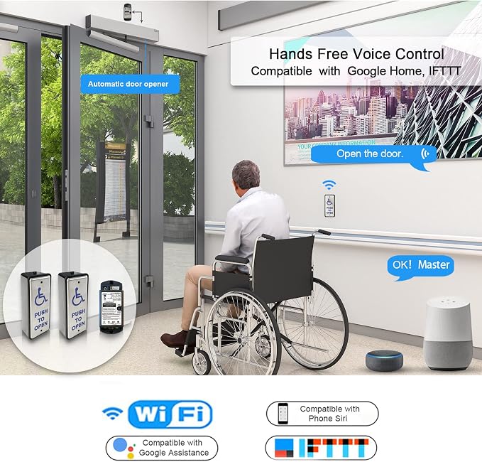 Home Electric Door Opener Wireless Handicap Door with Wireless Narrow Handicap Push Buttons Olide-511 and Receiver,Compatible for Alexa,Google Assistant,Remote Control via Phone APP TUYA