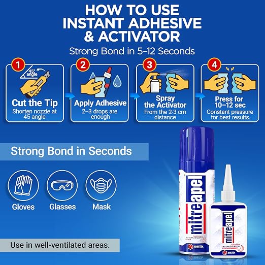 MITREAPEL CA Glue with Activator (3x4.5oz+3x16.9 floz) Instant Bond Professional Cyanoacrylate Adhesive and Super Glue Accelerator for Woodworking,Ceramic,3D Printing,Glass, DIY&Craft, Plastic,Repair
