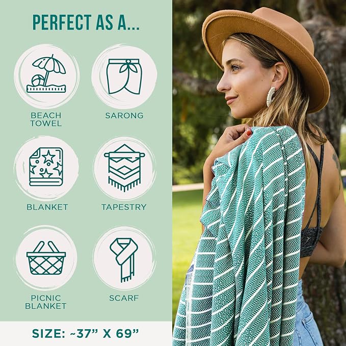Sand Cloud Turkish Beach Towel - Sand Resistant & Quick Dry Towel | 100% Certified Organic Turkish Towel - Bath Towel or Beach Blanket for Picnic - As Seen on Shark Tank - Gocek (Mint)