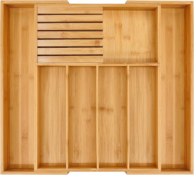 VaeFae Bamboo Silverware Drawer Organizer Kitchen, Expandable Utensil Organizer with Knife Block, Cutlery Tray with Divider, Multifunctional Drawer Organizer
