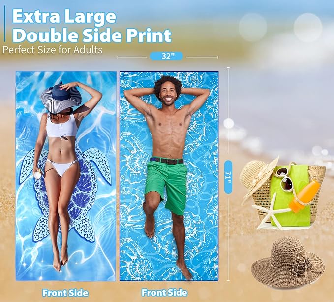 TwoYek Microfiber Beach Towel Extra Large 71x32 Turtle Shell 2 Pack | Thin & Lightweight, Sand Free, Super Absorbent & Quick Dry, Oversized Towels for Beach Bath Pool Swim Travel Essentials Gift