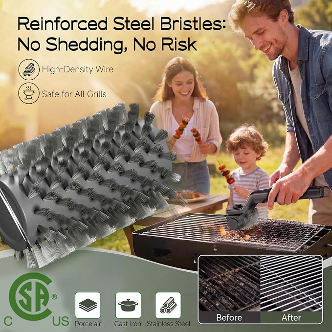 Electric Grill Brush, 20kg High Torque BBQ Cleaner with 3 Speed Modes, Reinforced Steel Bristle Scrubber, Type-C Rechargeable, Safe for Cast Iron & Porcelain Grates