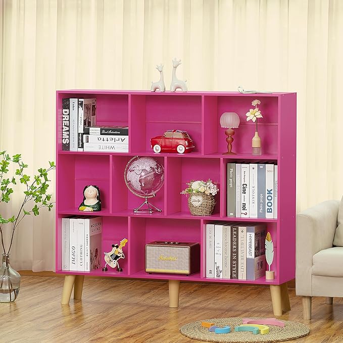 LEYAOYAO 10 Cube Bookshelf, Mid-Century Modern Book Shelf with Legs, Pink | 3 Tier Bookcase, Rustic Wood Bookshelves Freestanding Large Storage Organizer, Open Shelves for Bedroom, Living Room, Office