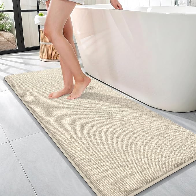 OLANLY Memory Foam Bathroom Runner Rug 47x17, Absorbent Long Bath Mat, Sand | Soft Quick Dry Bath Mat Rugs, Non-Slip, Machine Washable Mat for Bathroom Floor, Tub and Shower, Home Decor Accessories