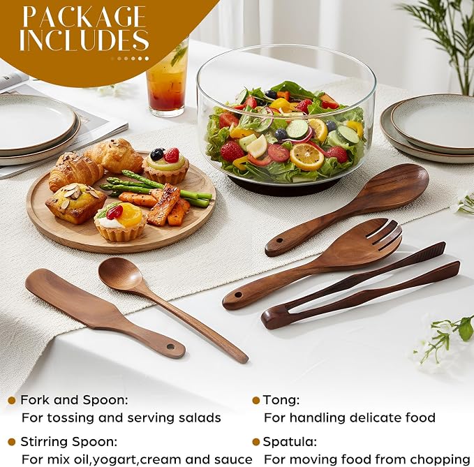 FoldTier Large Glass Salad Bowl Set, Party Salad Bowl with Acacia Wood Base and Lid as Cheese Charcuterie Board and Plate, Comes with 5 Pieces Elegant Wood Serving Utensils