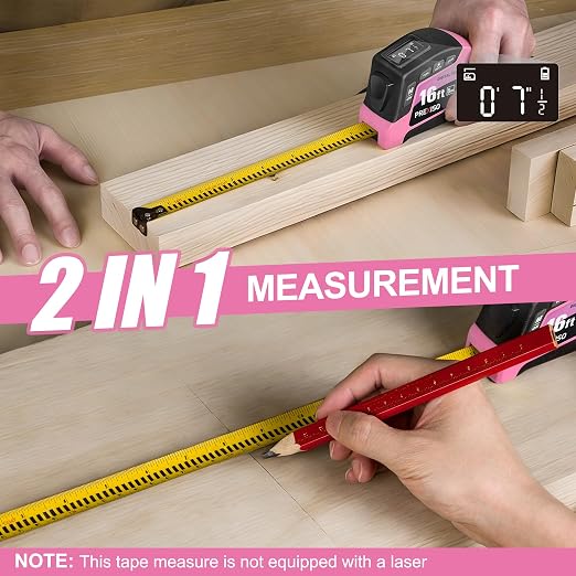 PREXISO 2-in-1 Digital Tape Measure - 16Ft Pink Digital Measuring Tape Rechargeable, Ft/Ft+in/in/M/CM/MM Unit - Metric & Inches Retractable Electronic Tape Measure Auto Lock, Pythagorean, Area, Volume