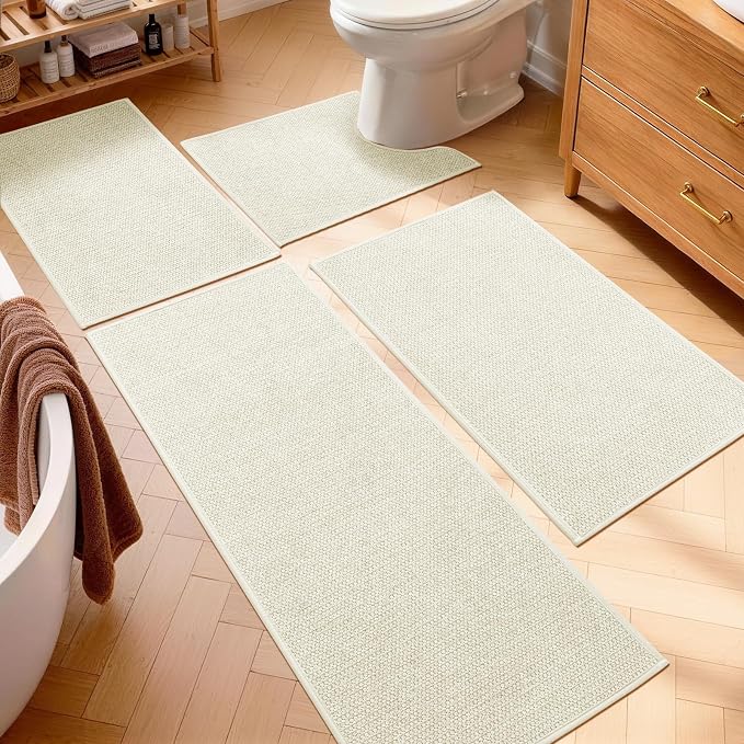 YIHOUSE Beige Bathroom Rugs Sets 4 Piece, Quick Dry Thin Bath Mat with Toilet Rug, Non Slip Absorbent Machine Washable, Bath Runner Rugs for Bathtub Sink Home Decor