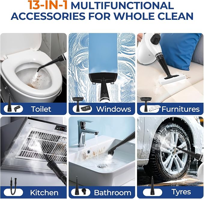 Steam Cleaner, Pressurized Handheld 13pcs Multi-Purpose Natural Deep Cleaning Steamer, Portable Steamer for Cleaning Home, Grout, Kitchen, Car, Window, Upholstery, Bathroom and Clothes, White