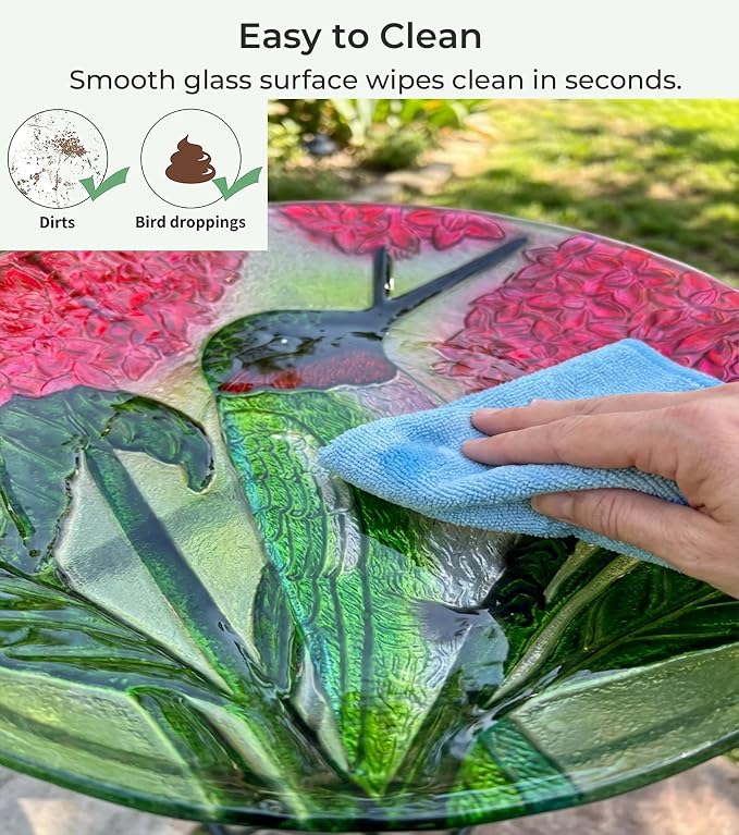 Large Glass Bird Bath with Metal Stand, Hummingbird | 18" Wide Bowl, 3.2" Bathing Depth, Thick Glass Construction, Stable 3-Leg Base, Easy Clean Surface, Garden Decor