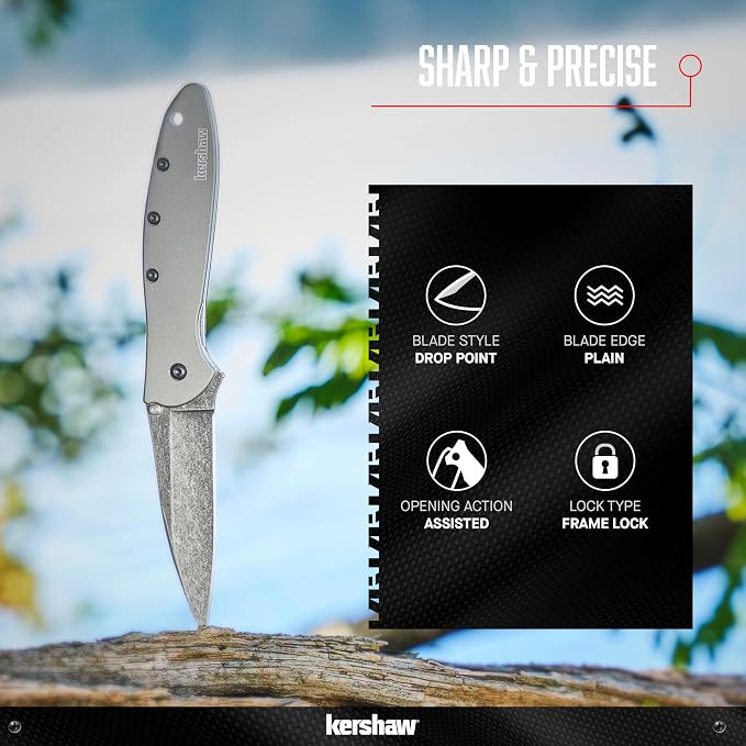 Kershaw Leek, BlackWash Pocket Knife (1660BLKW); 3 Sandvik 14C28N Steel Blade, 410 Stainless Steel Handle, BlackWash Finish, SpeedSafe Assisted Open, Frame and Tip Locks, Reversible Pocketclip; 3 OZ