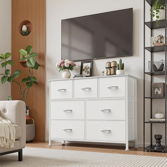 Sweetcrispy 7 Drawer Dresser with Fabric Bins Fabric Storage Tower Organizer for Bedroom Closet Hallway Entryway Tall Chest of Drawers with Steel Frame Wood Top Easy Pull Handles,White