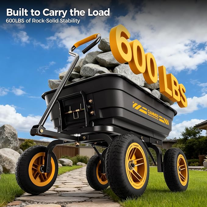 CAMMOO 10-in NO-Flat Tires 600lb Garden Dump Cart 4 Cu.Ft. Wheelbarrow | Garden Wagon Quick-Release Dumping Garden Cart Virgin Polypropylene - Not Recycled Material for Landscaping Gardening