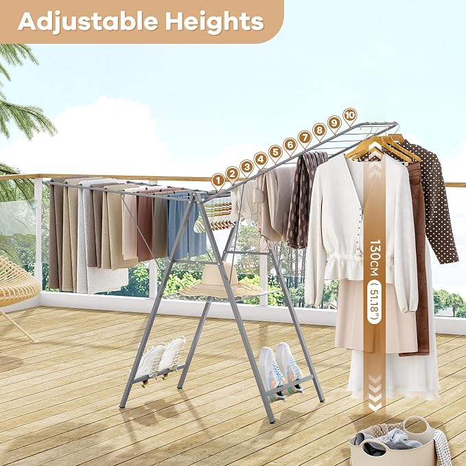 6 Height Adjustable Clothes Drying Rack with Shoe Slots, Grey | Pre-Assembled, Stable Load Structure, 22 Drying Rails, Foldable Space-Saving For Efficient Indoor & Outdoor Airflow Drying