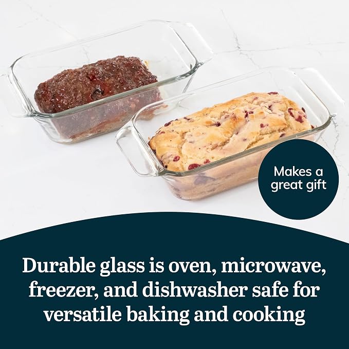 Libbey Baker’s Premium 2-Piece Glass Bread Loaf Pan Baking Dish Set, Space-Saving Glass Bakeware set for Bread, Loaf, and Pound Cakes