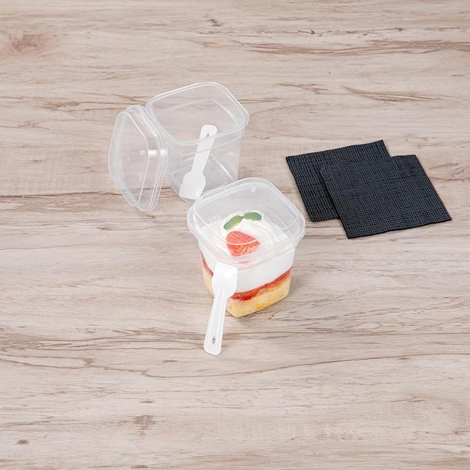 Restaurantware-Mini Serve 6.7 Ounce Dessert Cups With Lids And Spoons, 25 Disposable Serving Cups - Durable, Stackable, Clear Plastic Parfait Containers, For Dessert Take Out And Delivery Orders