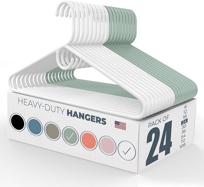 Heavy Duty Clothes Hangers 20 Pack (24 Count) – Made in the USA – 8lb Capacity Plastic Hangers for Adult Clothing – Durable for Pants, Coats, Jackets, or Jeans – White & Mint