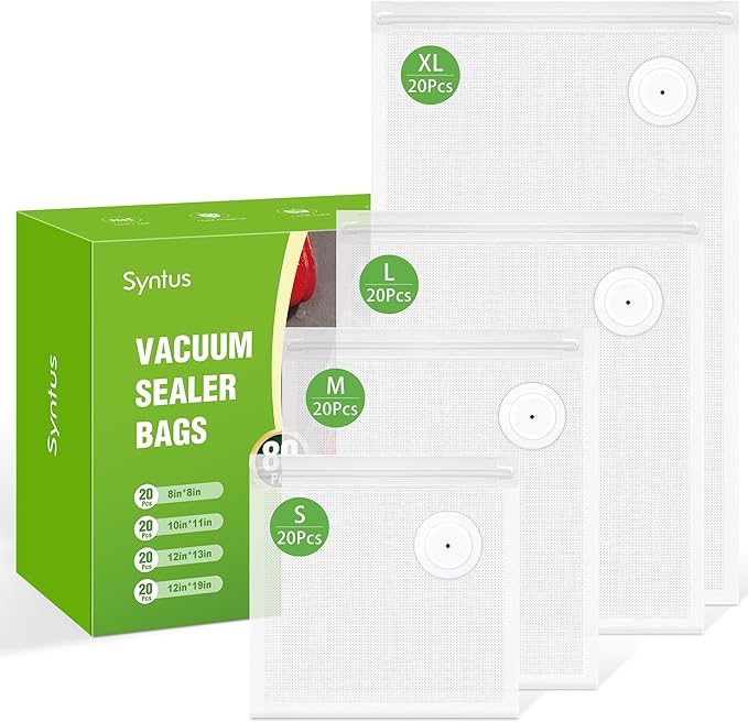 Syntus 80 Pcs Reusable Vacuum Sealer Bags for Food, S+M+L+XL | 8x8+10x11+12x13+12x19, Upgraded Air Valve, Microwave Freezer Sous Vide, Food Storage, Leak-Proof, for Compact Vacuum Sealer