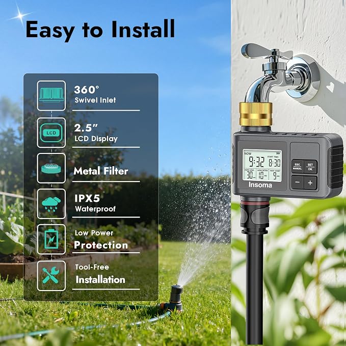 Insoma Water Timer, 1 Zone Outdoor Hose Timer for Garden Faucet with Auto/Manual/Rain Delay Mode, Sprinkler Irrigation Timers for Yard Lawn
