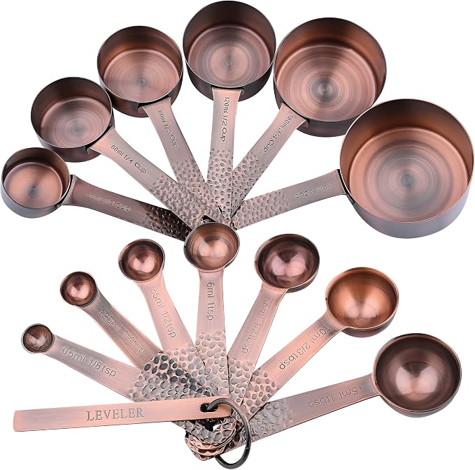 Copper Measuring Cups and Spoons Set for Drying & Liquid, Stainless Steel 6 Copper Measuring Cups and 7 Measuring Spoons with 1Leveler and 2 Locking Rings for Kitchen
