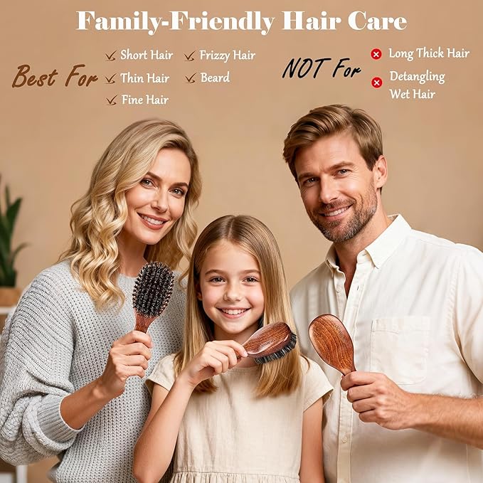 Small Boar Bristle Hair Brush Since 1965 British Craftsmanship, Handmade Natural Wooden Mini Hairbrush/Beard Brush, Pure Soft Bristles Gentle Detangling Women Men Kids Thin Fine Hair, Smooth & Shine