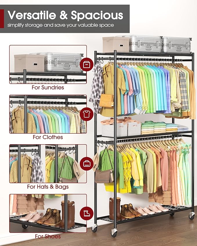 Sakugi Clothes Rack - 45.2" x 12.2" x 79.5" Clothing Rack with Shelves & Wheels, Multi-Functional Wardrobe Closet with Hooks, Sturdy Metal Garment Rack for Bedroom, Laundry, Balcony (Black)