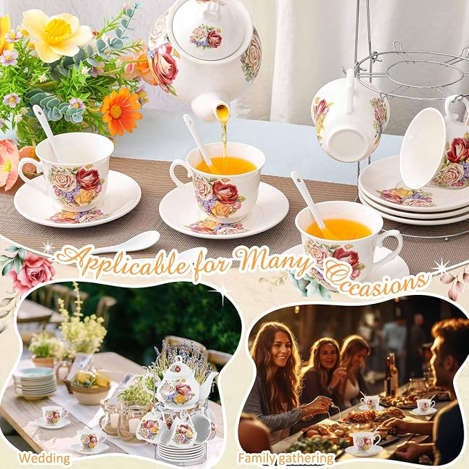 Zhehao 20 Pcs Porcelain Tea Set with Metal Holder and Spoon Adult Ceramic Tea Set European Flower Painting Teapot Cup Saucer Spoon for Women Mom Gift, Large Version (Floral Style)