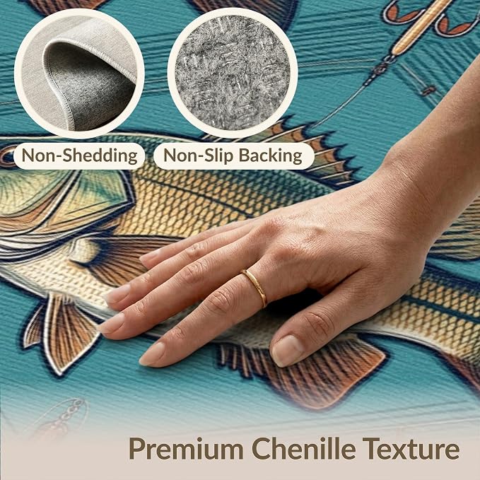 4'x6' Washable Area Rug Bass Trophy Catch Vintage Lure Spotted Tackle Motif Fish Fishing Refined Stain Resistant Low Profile for Dorm Room, Small Living Apartment