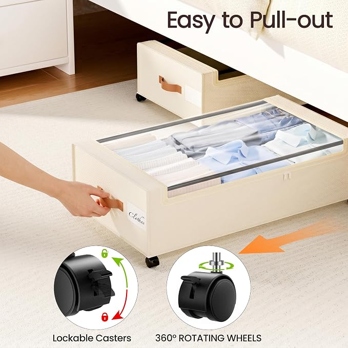 Yecaye 82L Under Bed Storage Containers, Fits 9.4" Under Bed, 2 Pack, Beige | XXL Capacity, 360° Rolling Wheels, Sturdy Metal Frame, Clear Window & Label, Storage Bins for Clothes, Shoes, Blankets