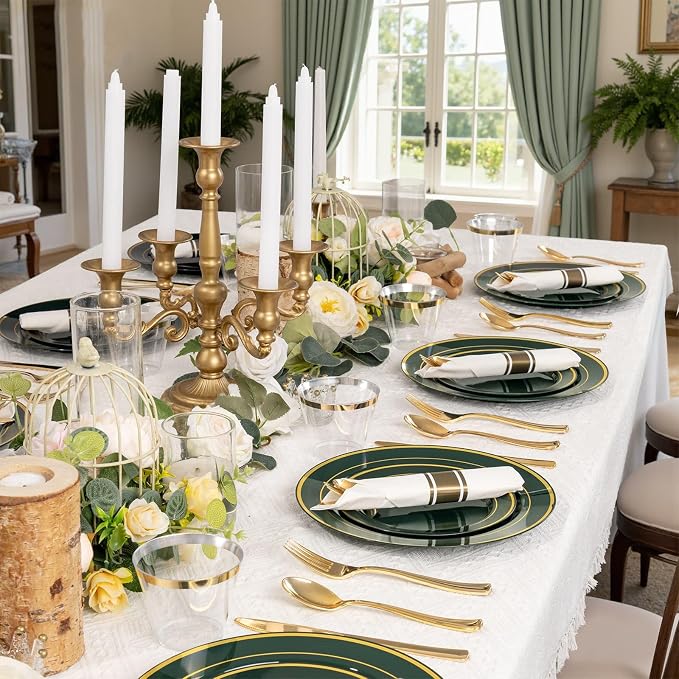 WDF Partyware 175PCS Green Plastic Plates - Green and Gold Disposable Plates 25Guests Plastic Plates with Rolled Napkins for Birthday/Party/Wedding/World Cup 2026