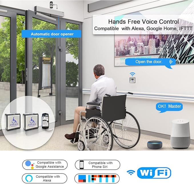 Handicap Door Opener for Disabled People, Low Energy ADA Swing Door Operator with Stainless Steel Handicap Push Buttons