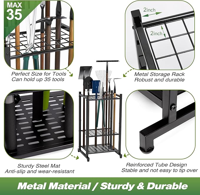 Tool Organizer for Garden, Garage Tool Organizer & Garage Organization – Heavy Duty Steel Garden Tool Organizer Stand Holds 35 Tools/Rakes/Brooms, Tool Storage Rack for Shed/Outdoor, Garage Organizer