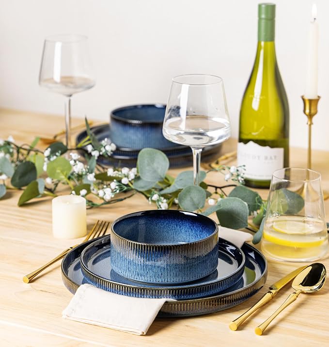 TheTerra Ceramic Dinnerware Sets for 8, 24 Pieces Porcelain Lightweight Plates and Bowls Sets, Scratch Resistant Dish Set, Oven & Microwave & Dishwasher Safe, Starry Blue