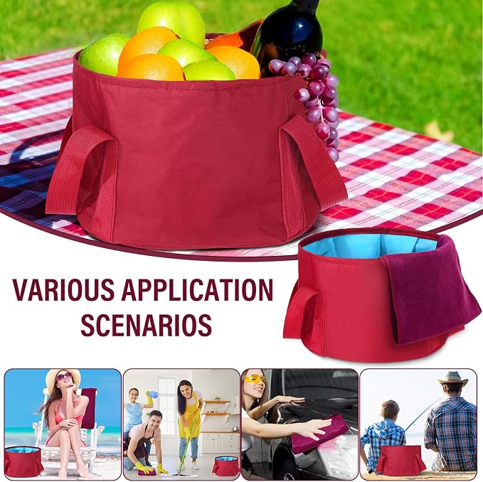 FillTouch 12 Pcs 15L Foldable Foot Soaking Tub Kit Portable Foot Bath Tub for Soaking Feet with Towel and Storage Bag Soak Spa Bucket for Travel Camping (Claret)