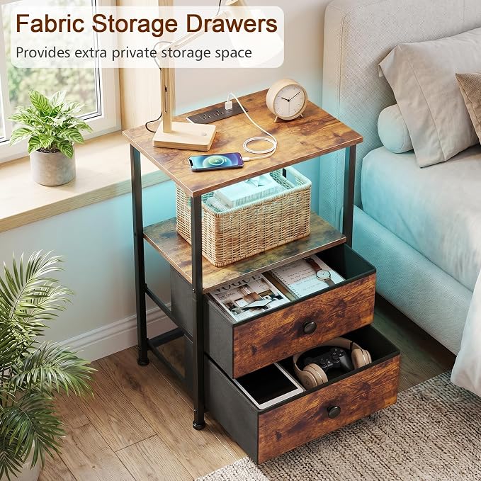 Nightstands Set of 2, LED Night Stand with Charging Station | Bedside Table with Type-C Outlets & 2 Fabric Drawers, End Tables with Storage Shelf for Bedroom, Small Spaces, Rustic Brown