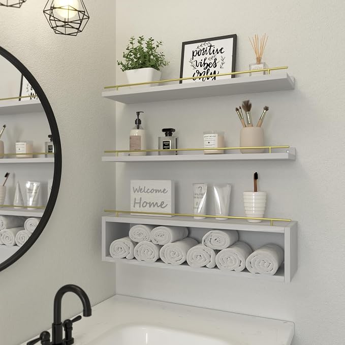 WOPITUES Floating Shelves for Wall 24 inch with Cube Shelf, Wall Shelves with Metal Rail for Decor, Bathroom Organizers and Storage, Over Toilet Shelves for Bathroom, Toilet Paper-White&Gold